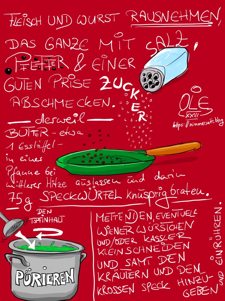 Erbsensuppe, Rezept, gezeichnet, Möhren, Sellerie, Kartoffeln, pea soup, Illustration, 