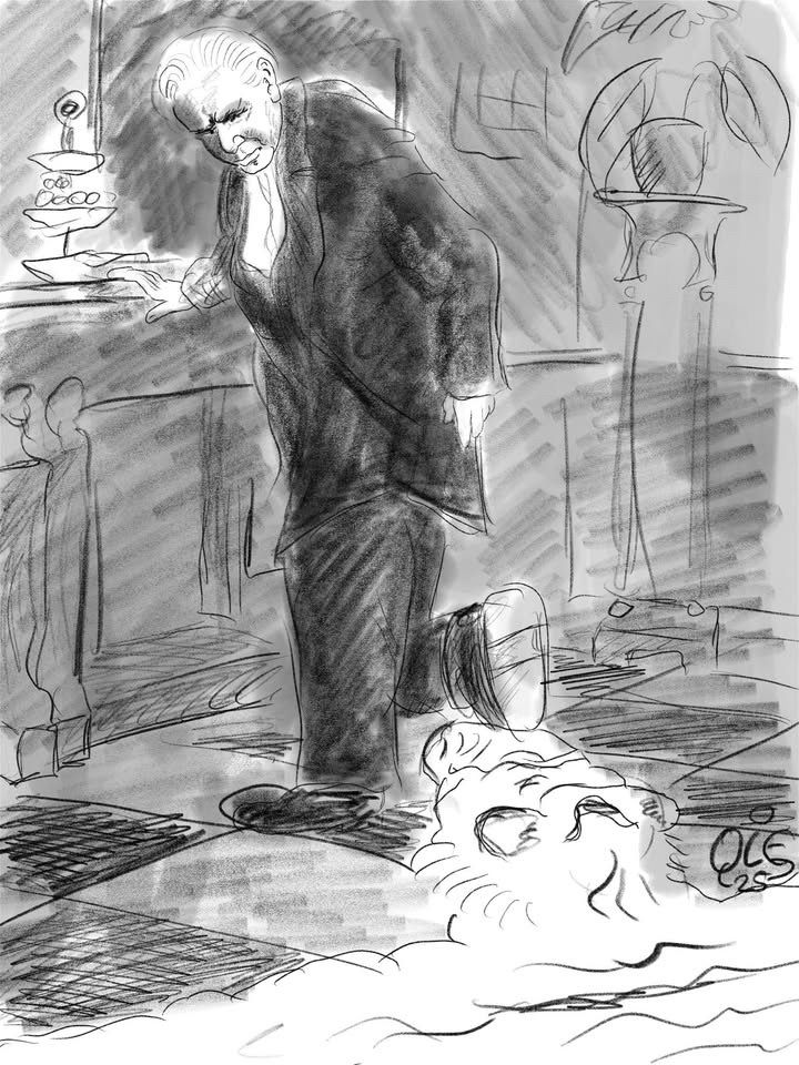 Dinner for one, Butler James, Tiger, Stolpern, Tigerfell, Zeichnung